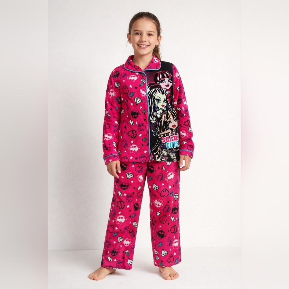 Monster High Girls Pajama Set | Size L 10/12 | Pink‎ Button-Front Top & Pants